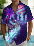 Oceanlyte Neon Palm Robot Planet Print Men's Pocket Short Sleeve Shirts