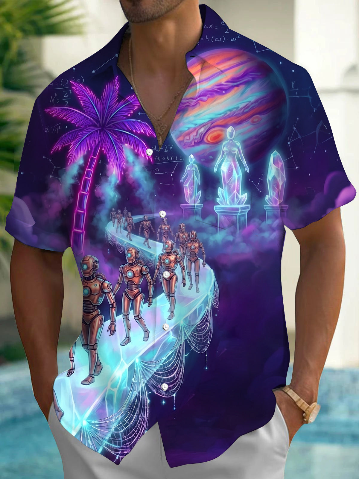 Oceanlyte Neon Palm Robot Planet Print Men's Pocket Short Sleeve Shirts