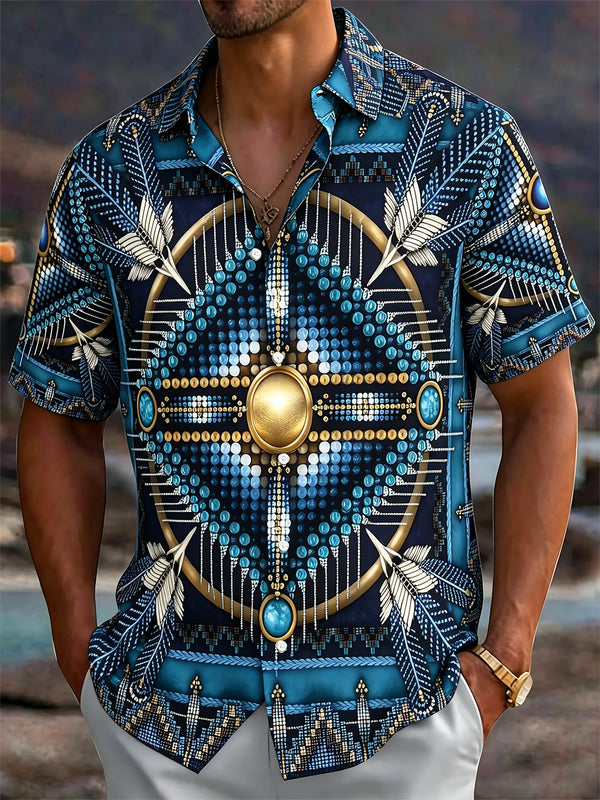 Oceanlyte Men's Vintage Style Feather Motif Print Short Sleeve Shirt with Chest Pocket