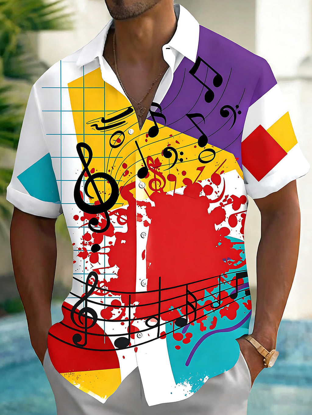 Oceanlyte Men's Graphic Music Notes Print Short Sleeve Shirt with Chest Pocket
