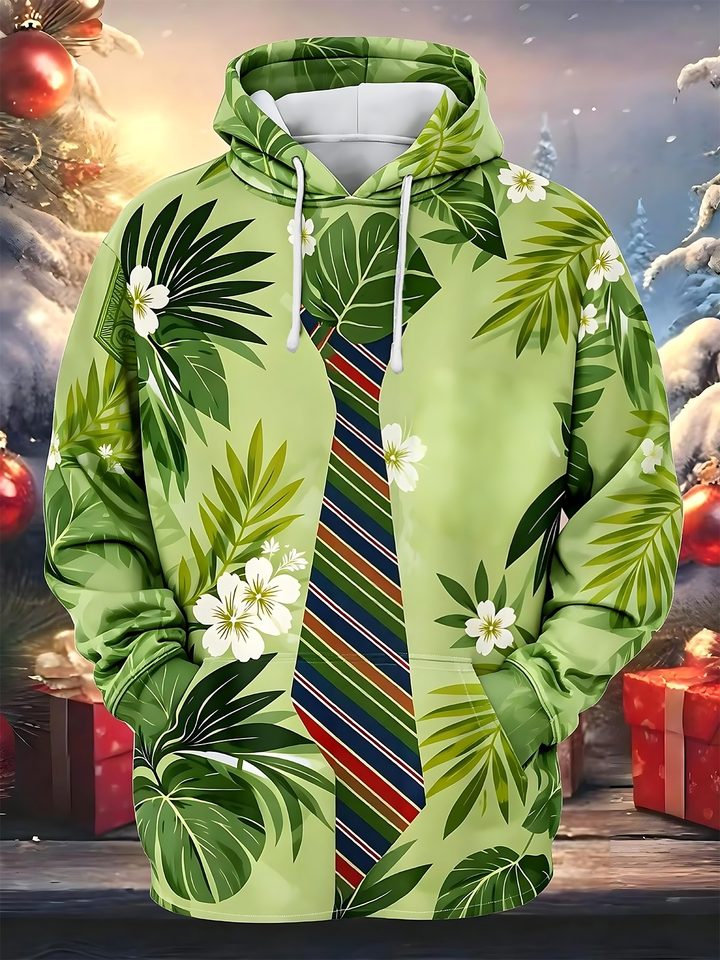 Oceanlyte Men's Hawaiian Tropical Leaves Print Long Sleeve Hoodie with Chest Pocket