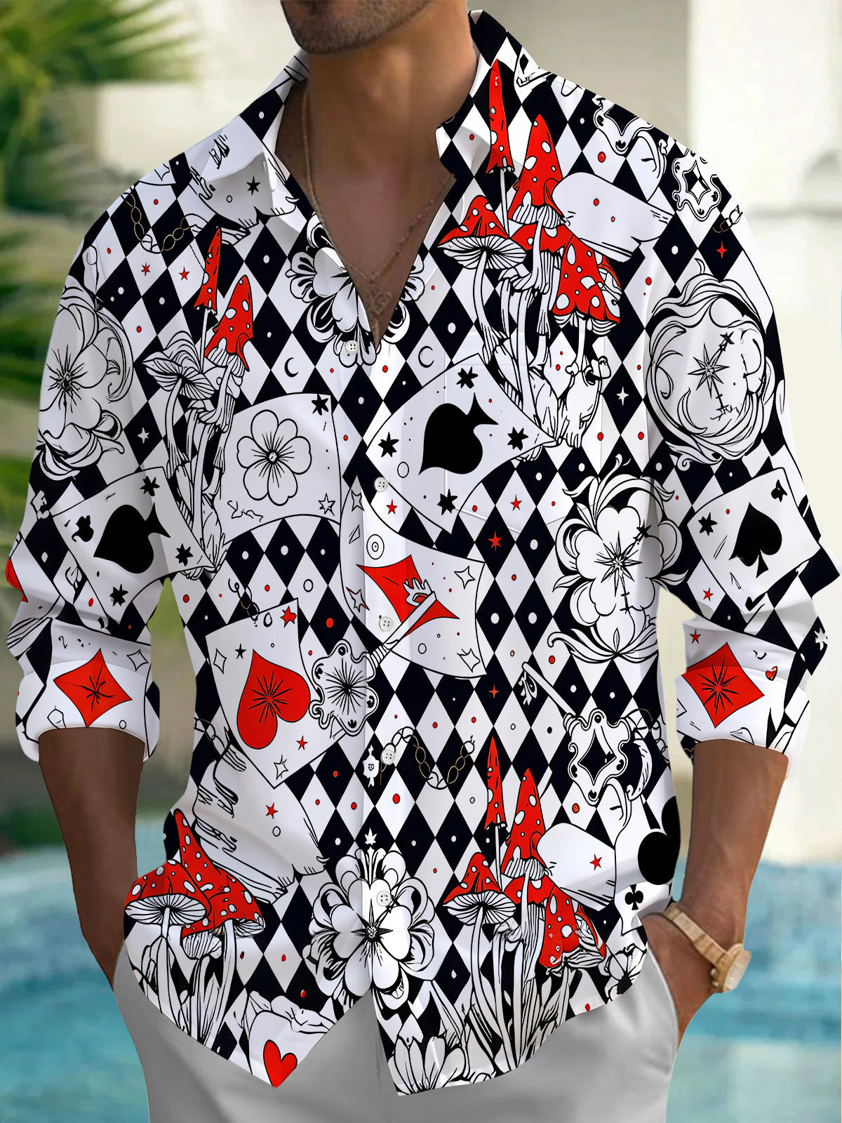 Oceanlyte Men's Graphic Casino Print Poker Print Long Sleeve Shirt with Chest Pocket