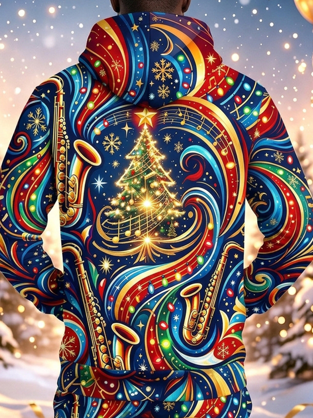 Oceanlyte Men's Graphic Christmas Music Print Saxophone Print Long Sleeve Hoodie with Chest Pocket