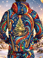 Oceanlyte Men's Graphic Christmas Music Print Saxophone Print Long Sleeve Hoodie with Chest Pocket