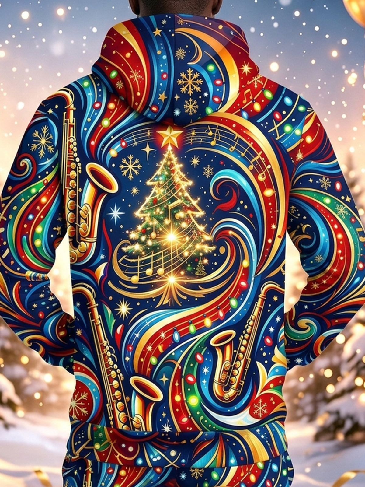 Oceanlyte Men's Graphic Christmas Music Print Saxophone Print Long Sleeve Hoodie with Chest Pocket