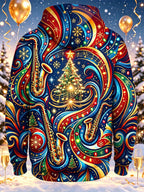 Oceanlyte Men's Graphic Christmas Music Print Saxophone Print Long Sleeve Hoodie with Chest Pocket