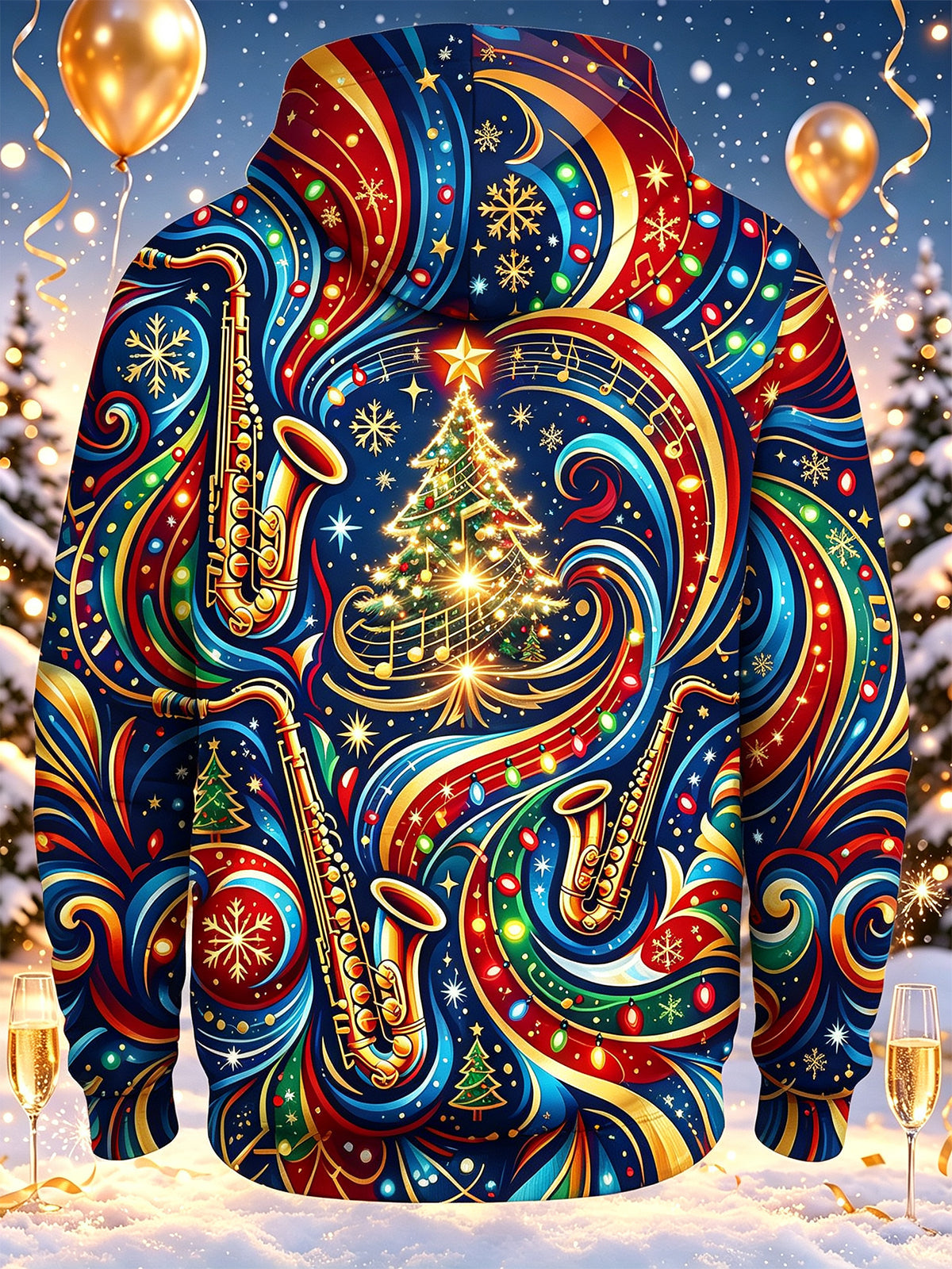 Oceanlyte Men's Graphic Christmas Music Print Saxophone Print Long Sleeve Hoodie with Chest Pocket