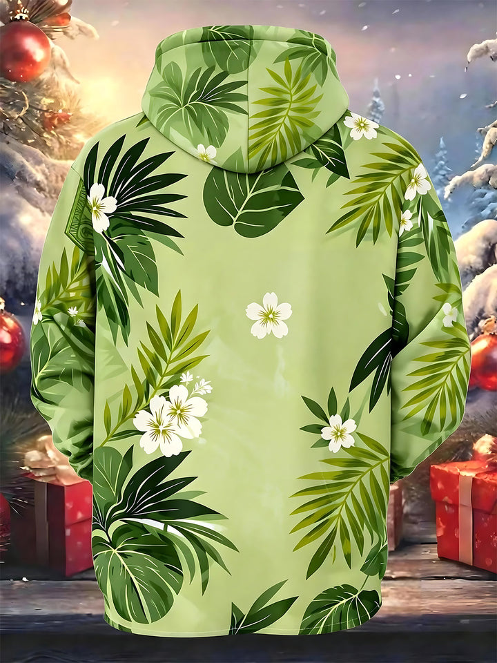 Oceanlyte Men's Hawaiian Tropical Leaves Print Long Sleeve Hoodie with Chest Pocket