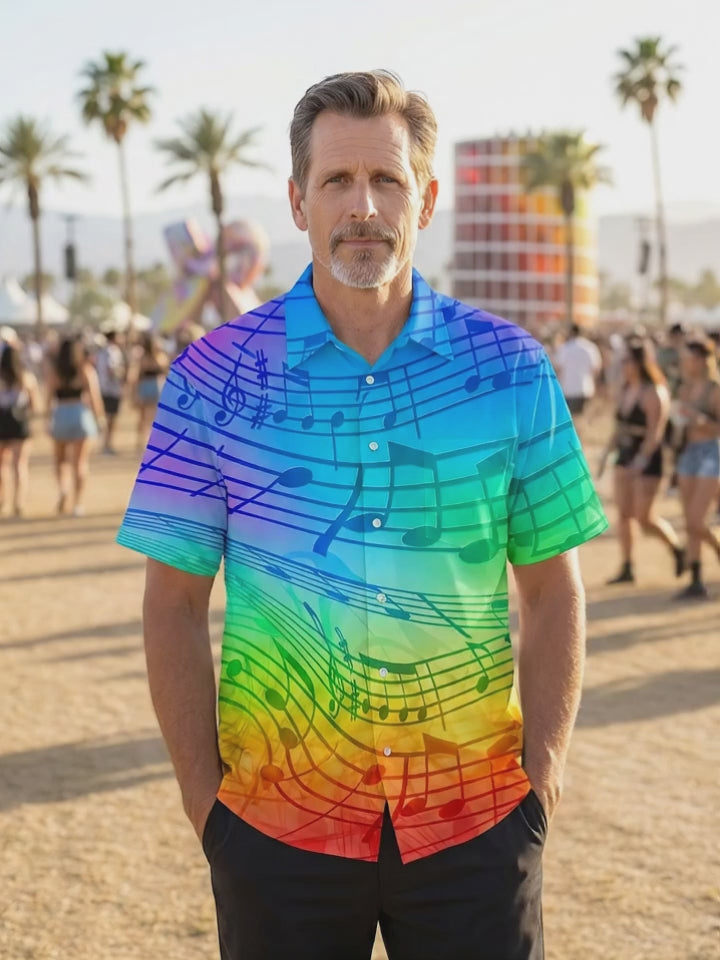 Men's Graphic Rainbow Music Notes Print Short Sleeve Button Down Shirt with Chest Pocket