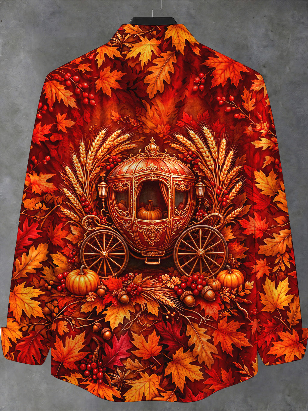 Oceanlyte Men's Autumn Carriage With Pumpkins And Leaves Print Long Sleeve Shirt with Chest Pocket