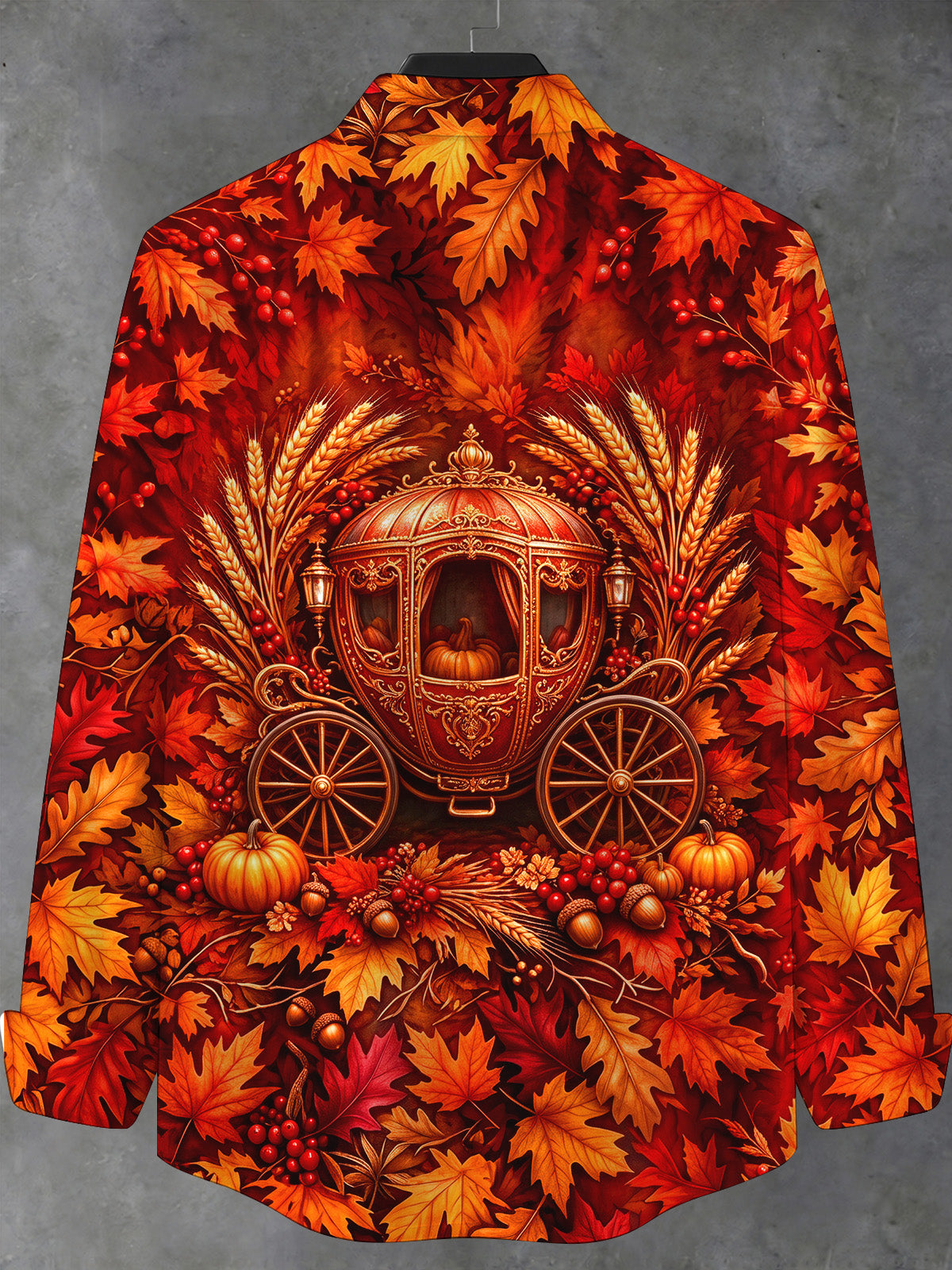 Oceanlyte Men's Autumn Carriage With Pumpkins And Leaves Print Long Sleeve Shirt with Chest Pocket
