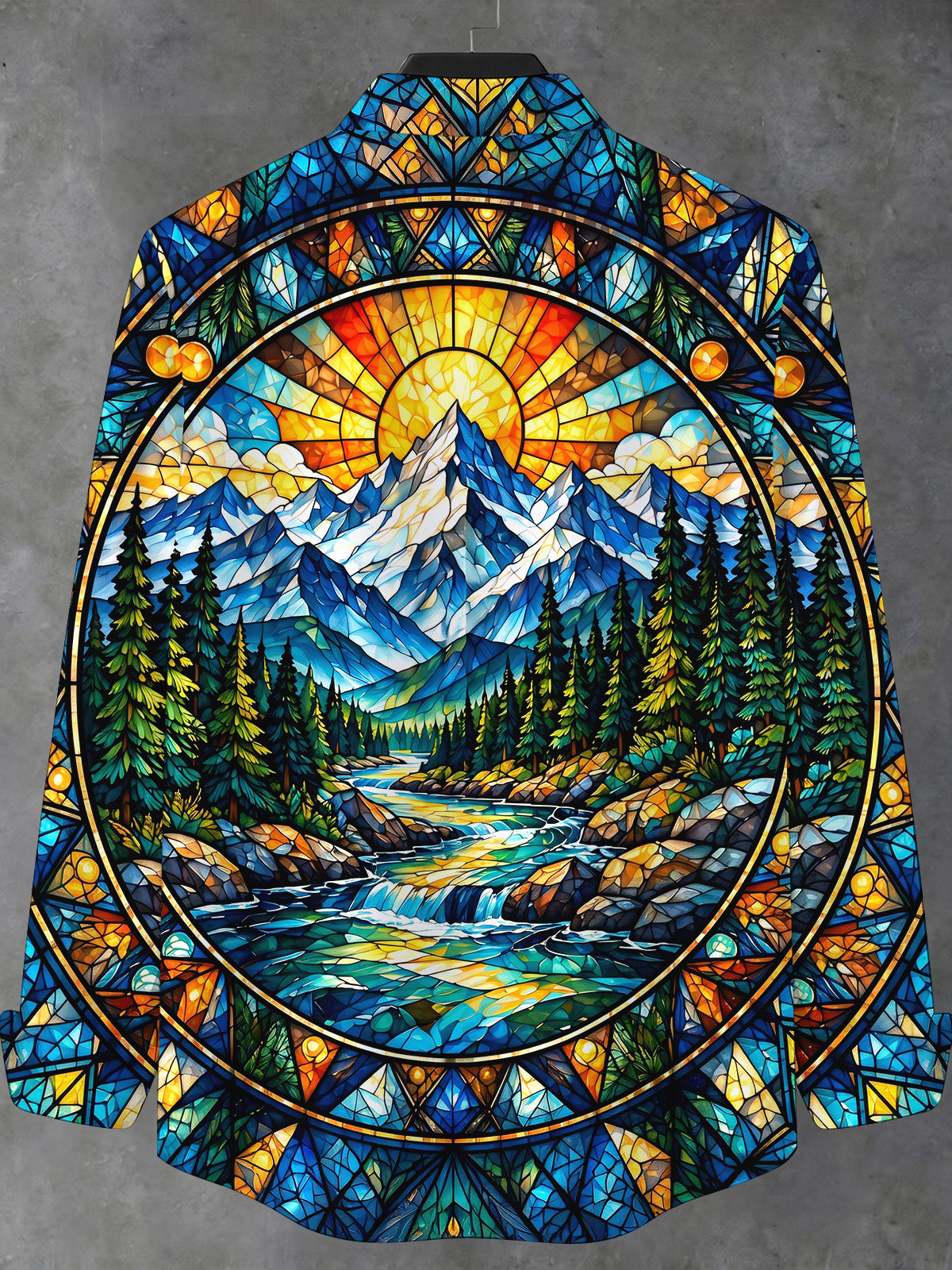 Oceanlyte Men's Long Sleeve Stand Collar Shirt - Stained Glass Mountain River Landscape Print