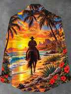 Oceanlyte Men's Long Sleeve Stand Collar Shirt - Cowboy On Horseback At Beach Sunset Print