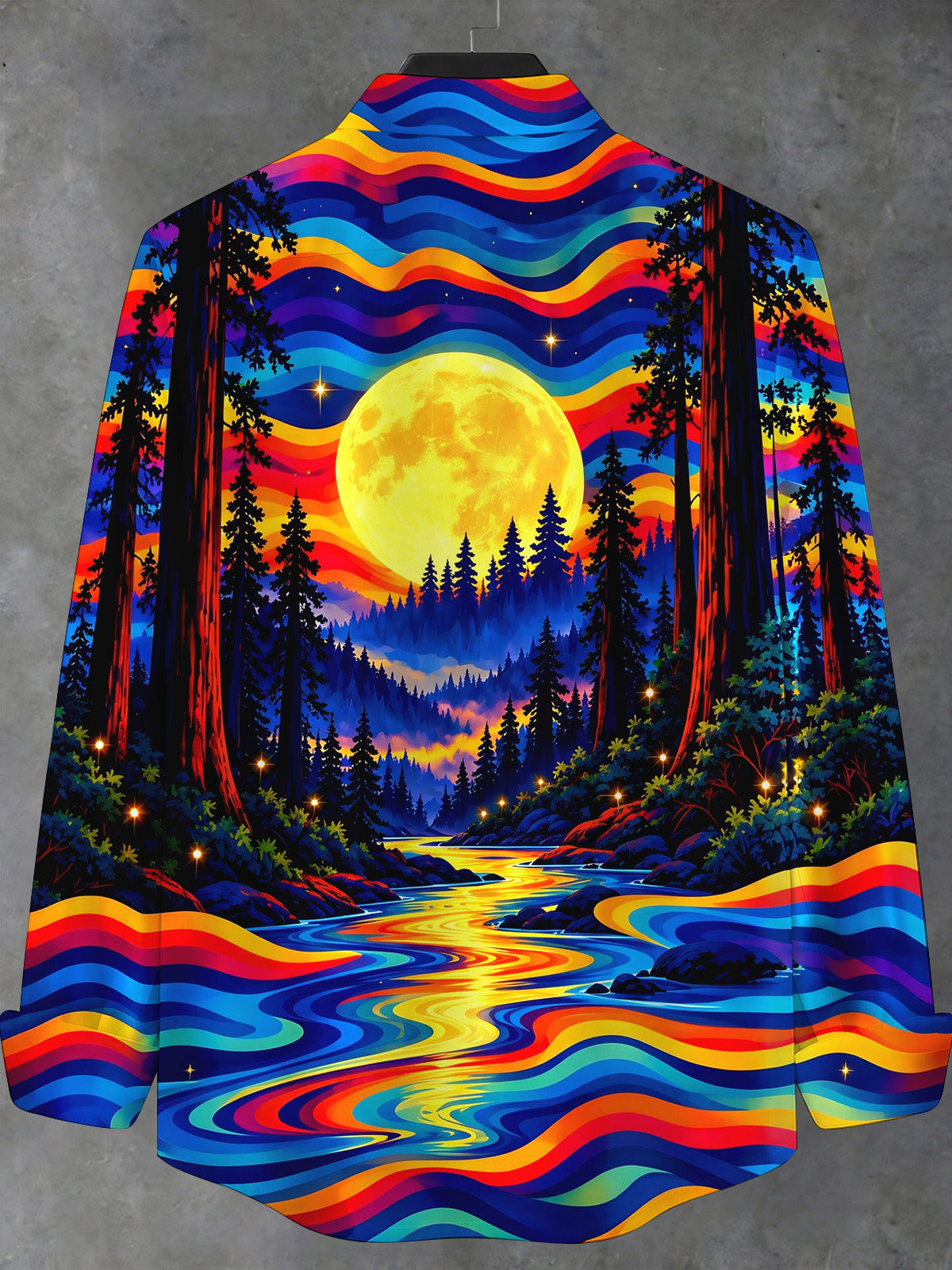 Oceanlyte Men's Long Sleeve Stand Collar Shirt - Psychedelic Forest Landscape With Full Moon Print