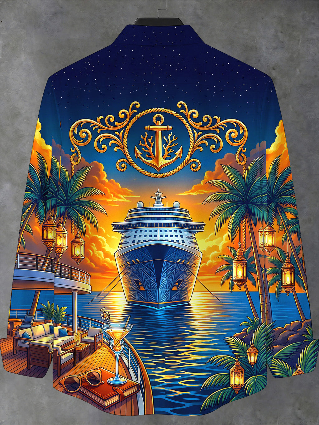 Oceanlyte Men's Cruise Ship And Palm Trees Print Long Sleeve Stand Collar Shirt