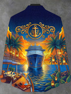 Oceanlyte Men's Cruise Ship And Palm Trees Print Long Sleeve Stand Collar Shirt