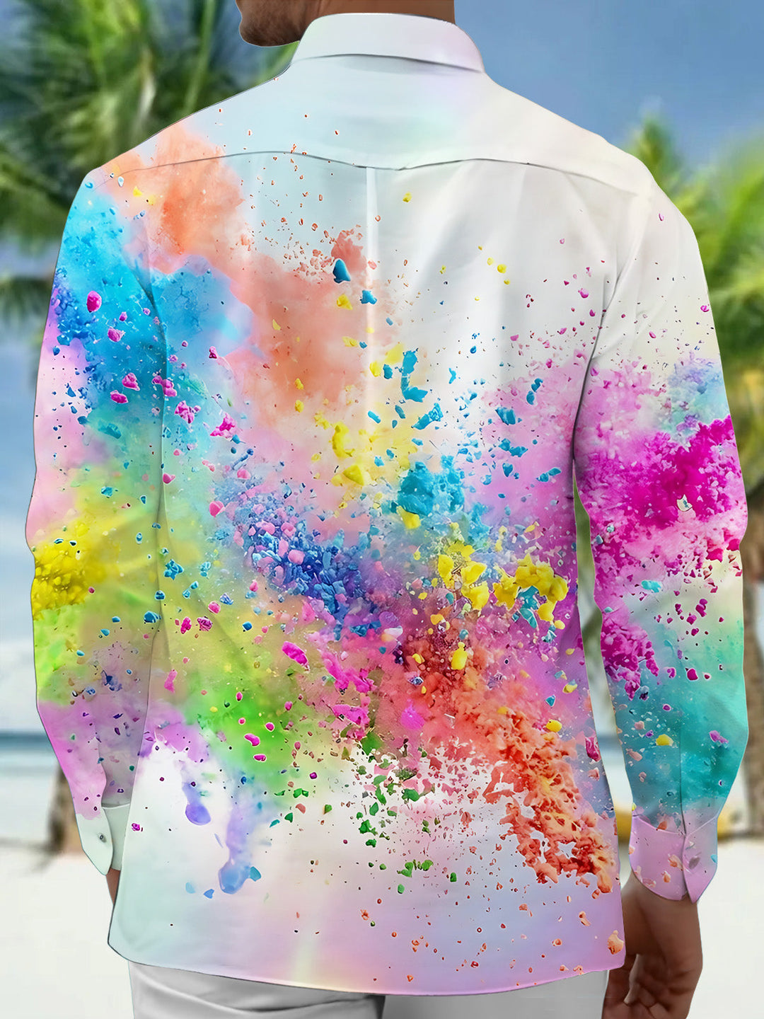 Oceanlyte Men's Graphic Abstract Colorful Powder Splatter Print Long Sleeve Button Down Shirt with Chest Pocket