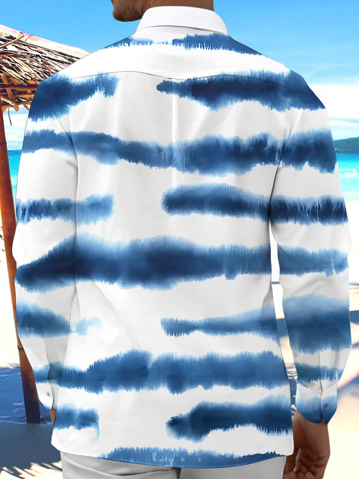 Oceanlyte Men's Blue And White Horizontal Stripes Print Long Sleeve Shirt with Chest Pocket
