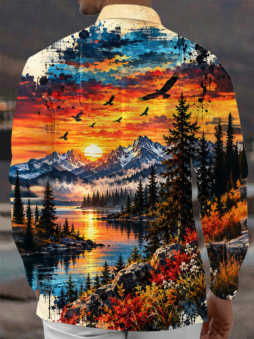 Oceanlyte Men's Graphic Mountain Sunset Landscape Print Long Sleeve Shirt with Chest Pocket