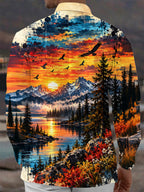 Oceanlyte Men's Graphic Mountain Sunset Landscape Print Long Sleeve Shirt with Chest Pocket