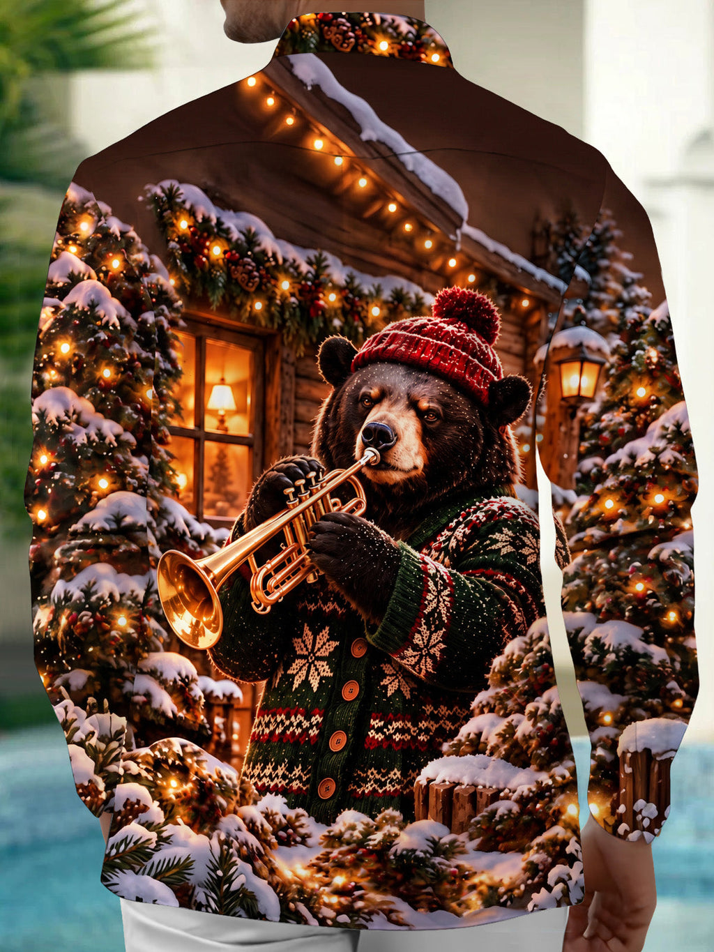Oceanlyte Men's Long Sleeve Shirt - Christmas Brown Bear Playing Trumpet In Winter Scene Print with Chest Pocket