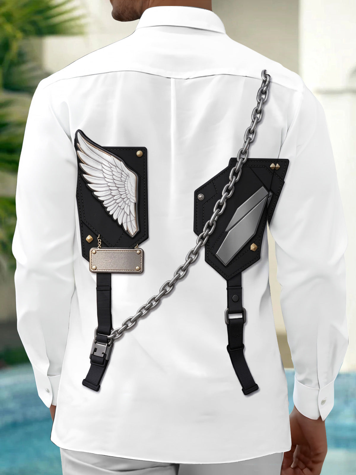 Oceanlyte Men's Winged Emblem And Geometric Shield Print Long Sleeve Shirt with Chest Pocket