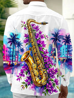 Oceanlyte Men's Hawaiian Saxophone And Purple Flowers Print Long Sleeve Shirt with Chest Pocket
