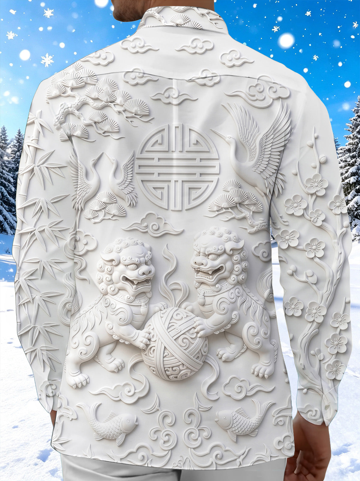 Oceanlyte Men's Graphic Stone Lion Print Crane Print Long Sleeve Shirt with Chest Pocket