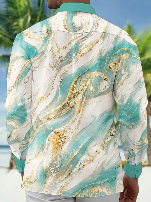 Oceanlyte Gold Fluid Marble Men's Long Sleeve Shirt with Chest Pocket