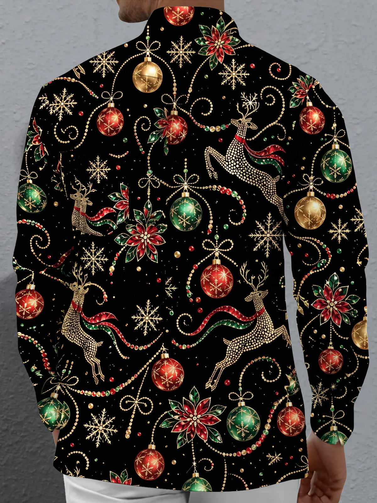 Oceanlyte Men's Printed Christmas Reindeer And Ornaments Print Long Sleeve Shirt with Chest Pocket