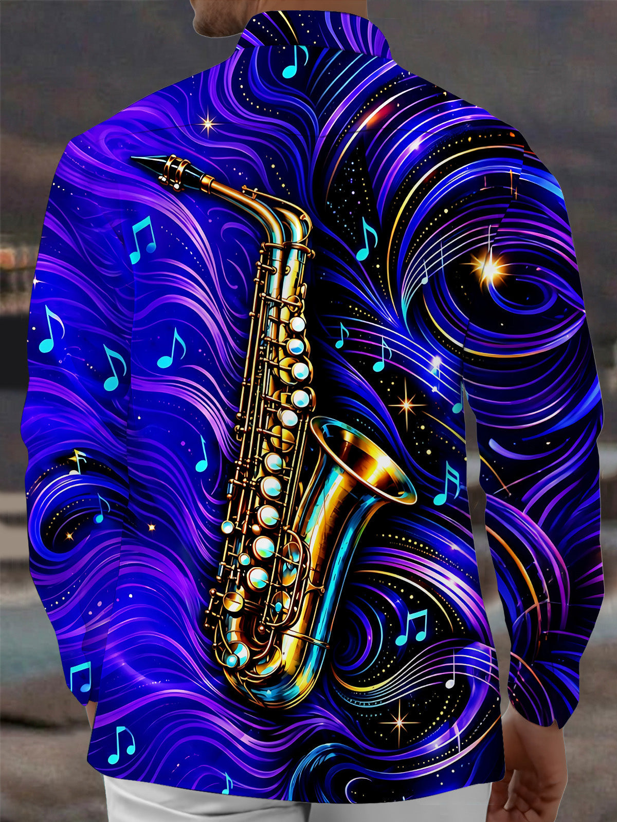 Oceanlyte Men's Graphic Saxophone And Musical Notes Print Long Sleeve Shirt with Chest Pocket