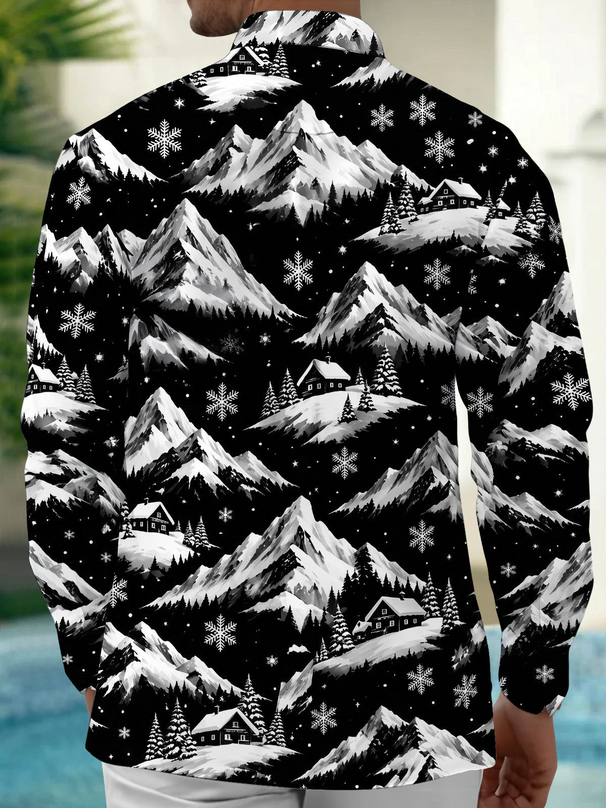 Oceanlyte Men's Printed Snowy Mountains And Cabins Print Long Sleeve Shirt with Chest Pocket