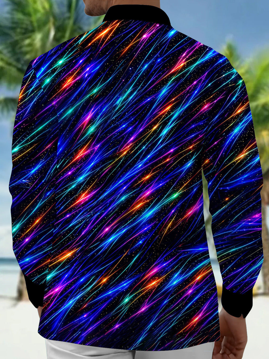 Oceanlyte Men's Striped Neon Geometric Lines Print Long Sleeve Shirt with Chest Pocket