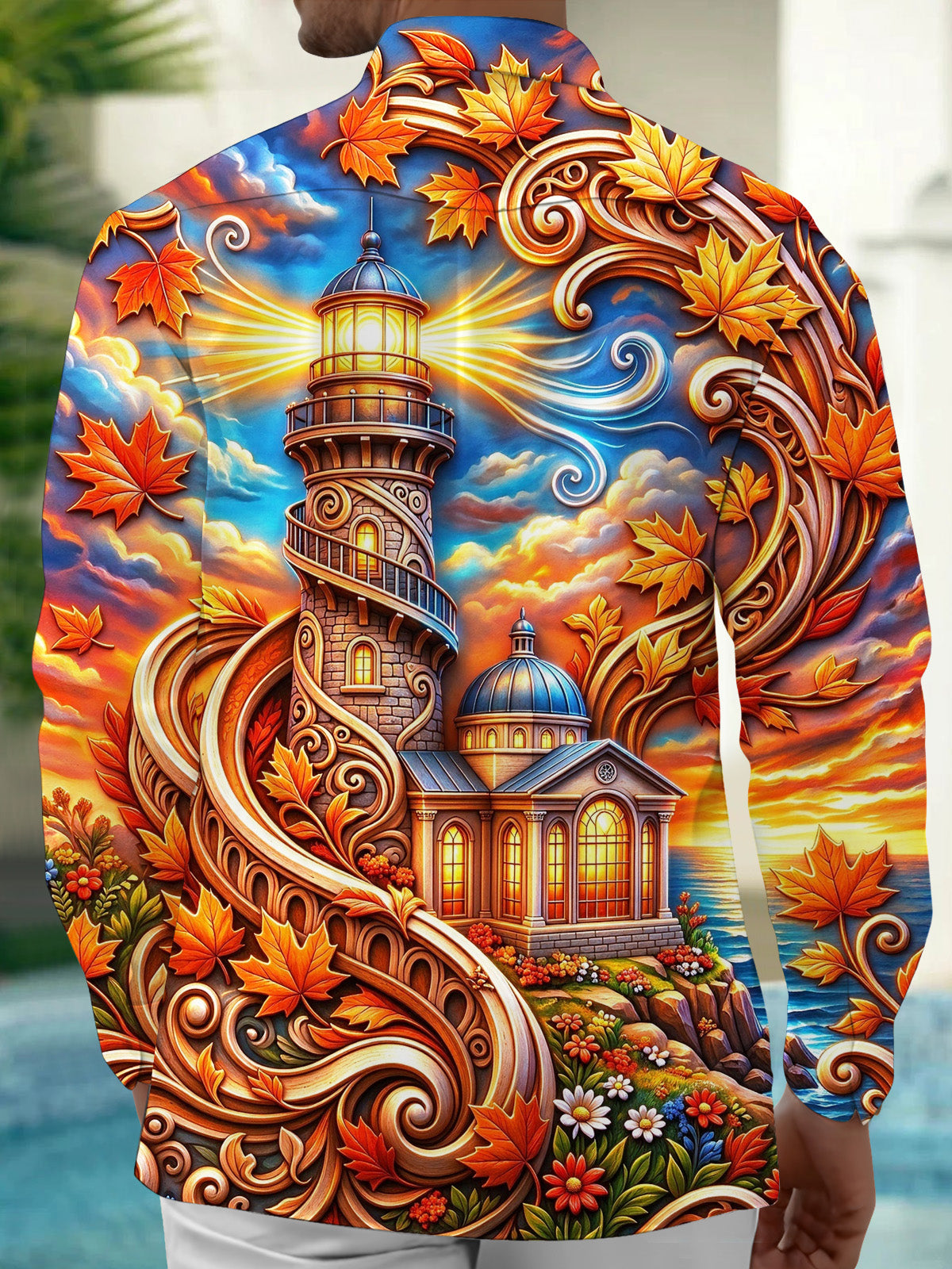 Oceanlyte Men's Hawaiian Lighthouse And Autumn Leaves Print Long Sleeve Shirt with Chest Pocket