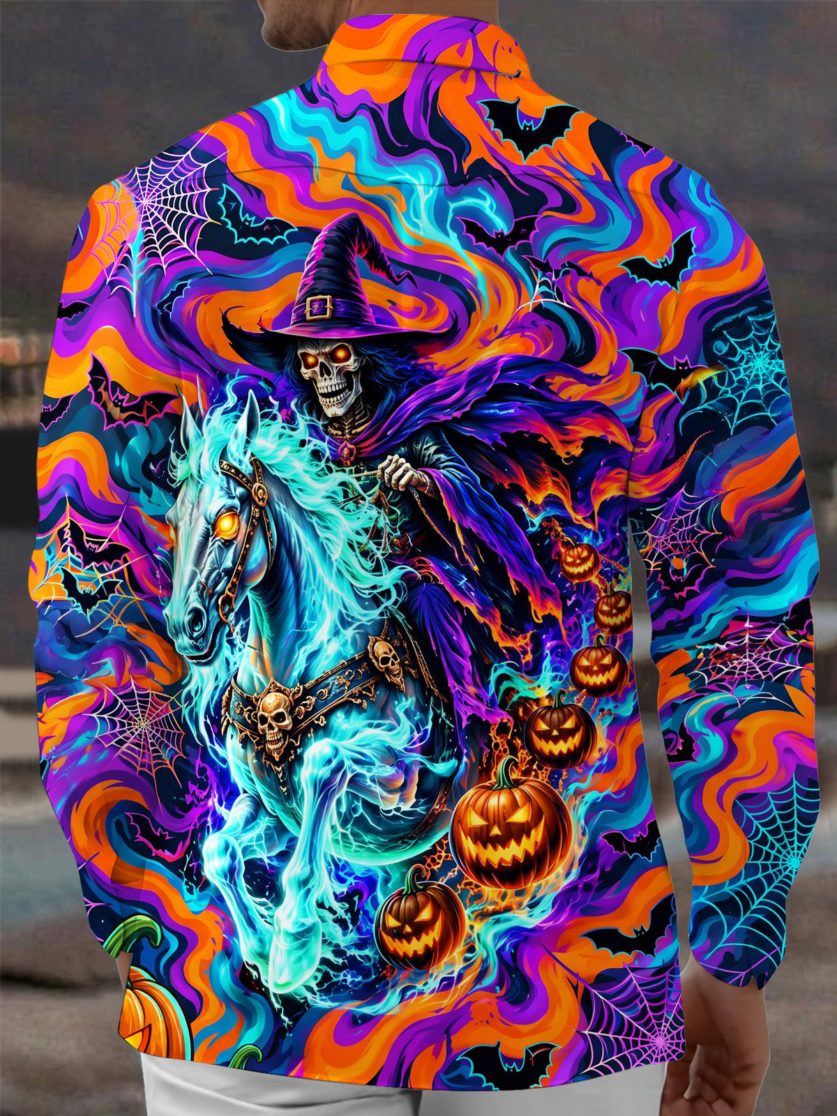 Oceanlyte Men's Halloween Skeleton Wizard On Ghost Horse Print Long Sleeve Shirt with Chest Pocket