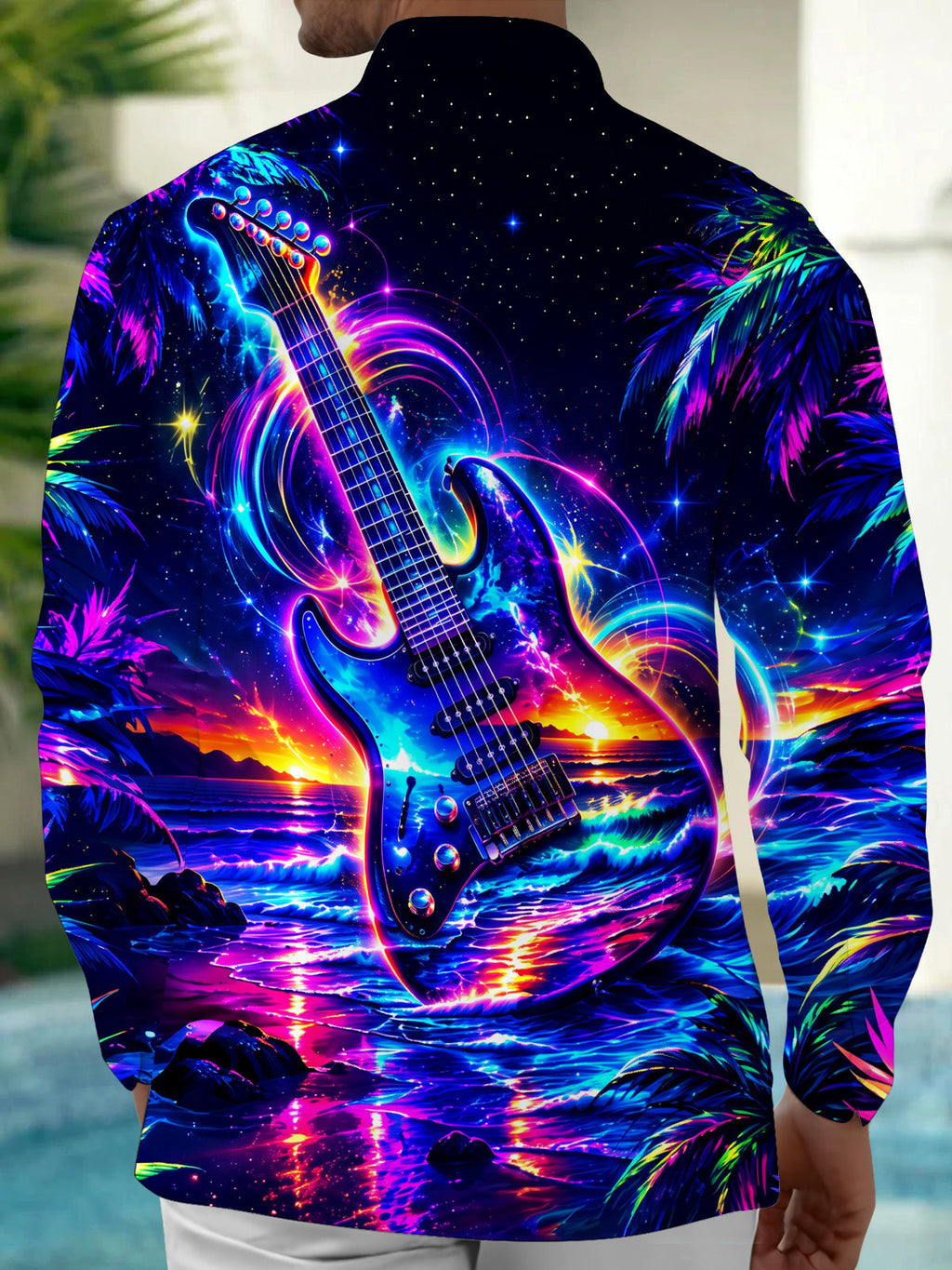 Oceanlyte Men's Neon Electric Guitar And Sunset Ocean Print Long Sleeve Shirt with Chest Pocket