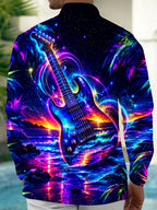 Oceanlyte Men's Neon Electric Guitar And Sunset Ocean Print Long Sleeve Shirt with Chest Pocket