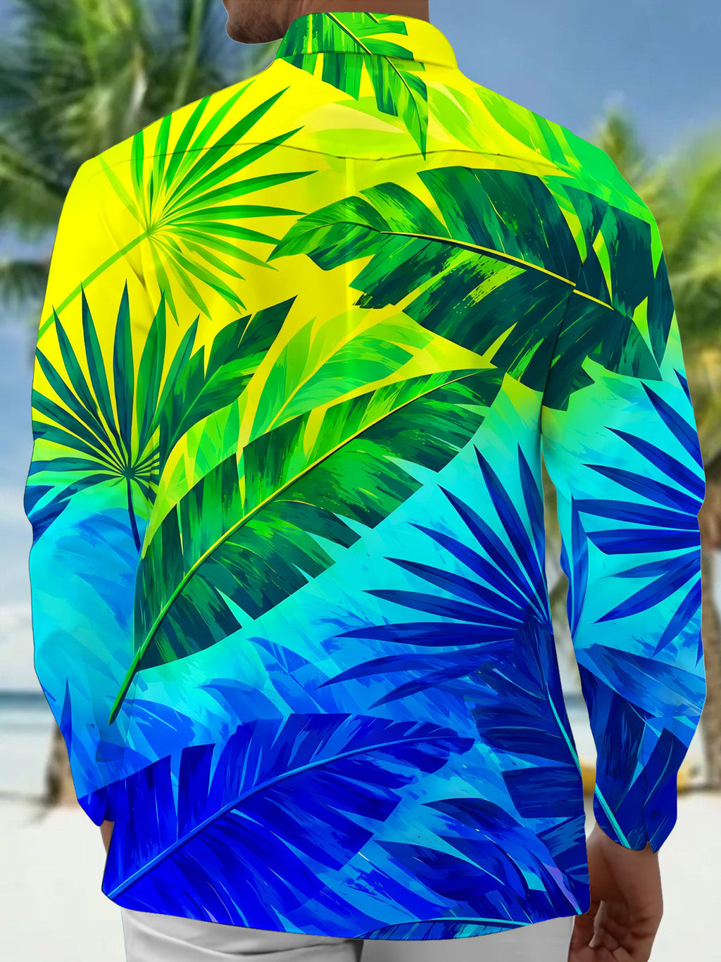 Oceanlyte Men's Tropical Palm Leaves And Plant Foliage Print Long Sleeve Shirt with Chest Pocket