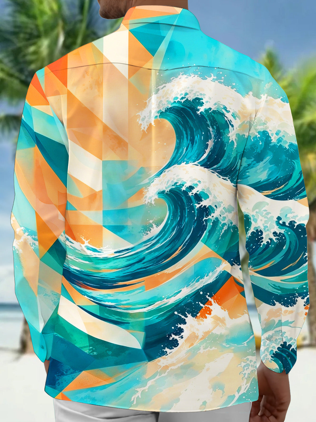 Oceanlyte Men's Hawaiian Geometric Watercolor Waves Print Long Sleeve Shirt with Chest Pocket