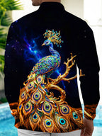 Oceanlyte Men's Graphic Art Gem Starry Peacock Print Long Sleeve Shirt with Chest Pocket