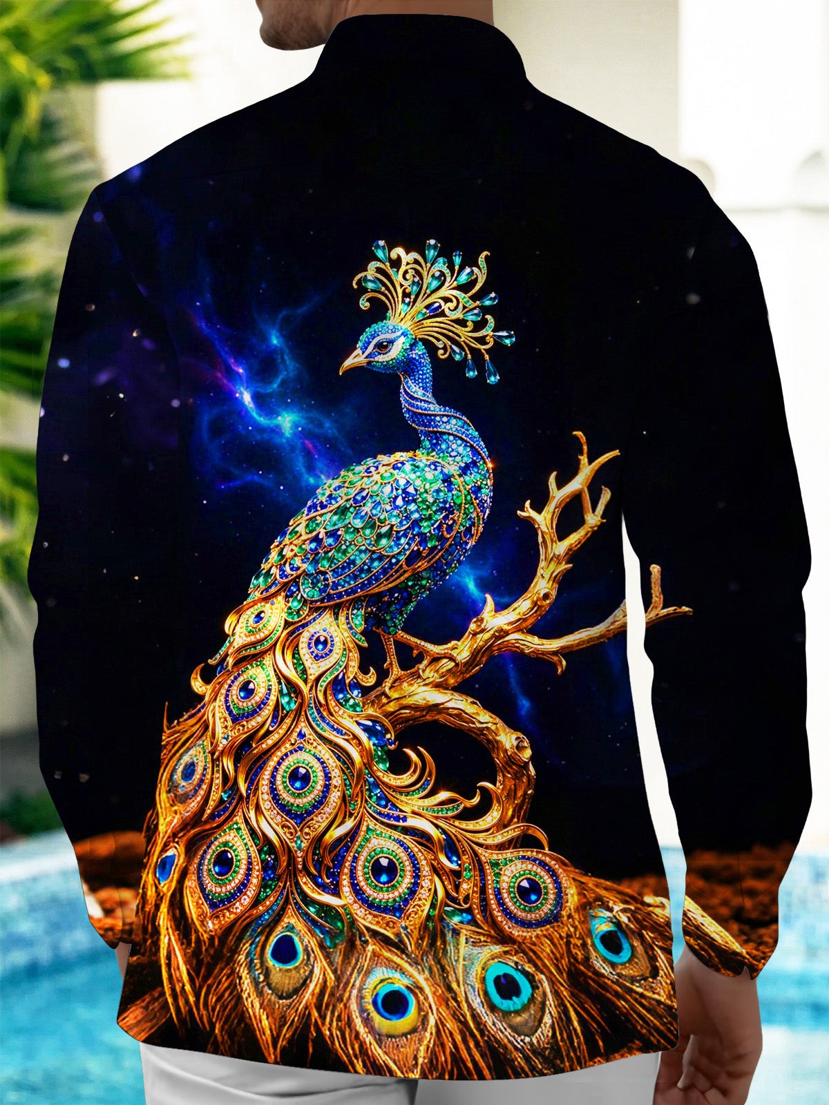 Oceanlyte Men's Graphic Art Gem Starry Peacock Print Long Sleeve Shirt with Chest Pocket