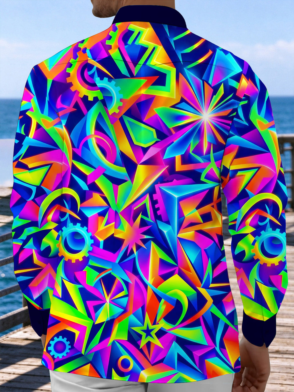 Oceanlyte Men's Neon Geometric Gears And Abstract Shapes Print Long Sleeve Shirt with Chest Pocket