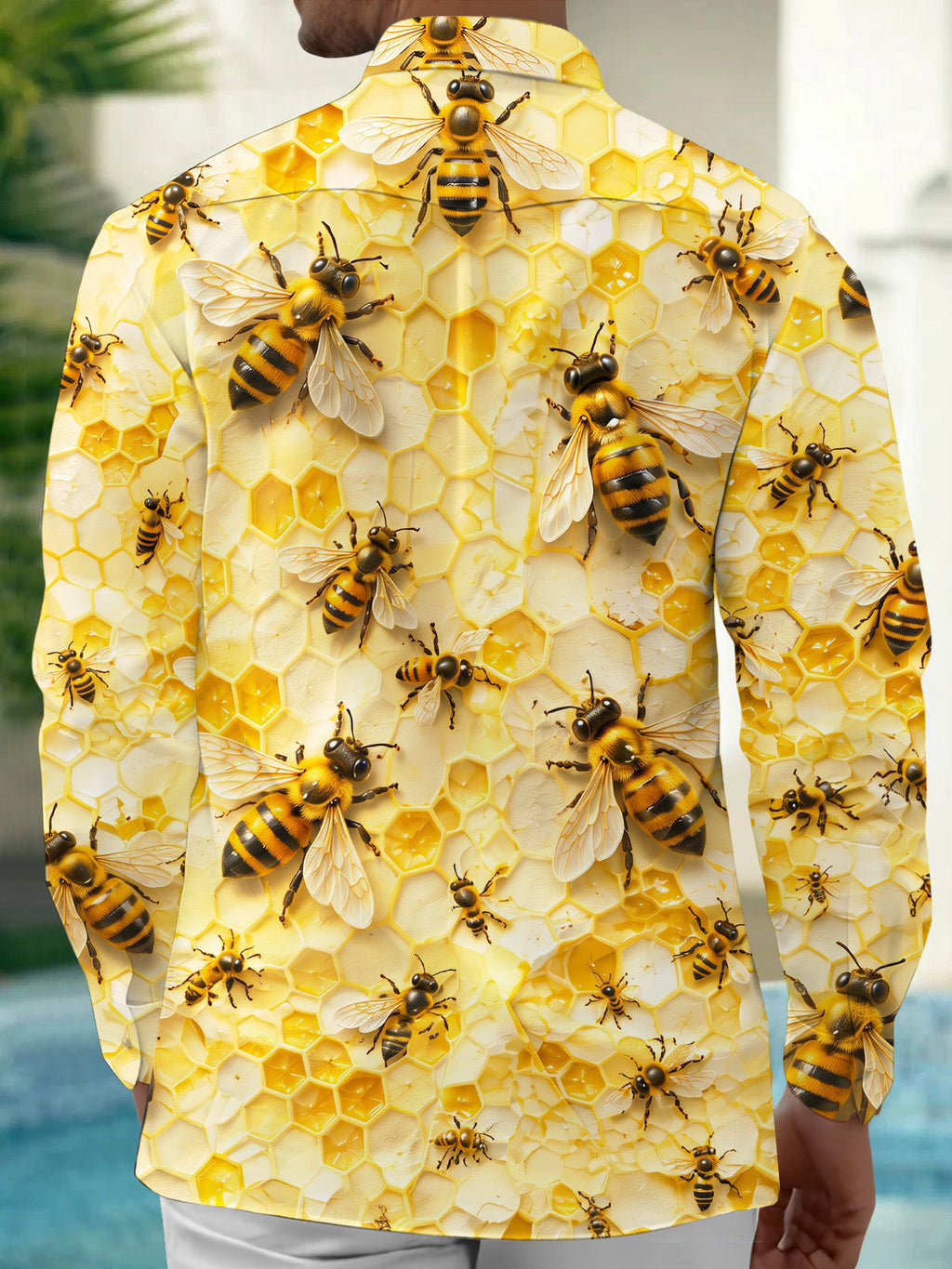 Oceanlyte Men's Hawaiian Bee And Honeycomb Pattern Long Sleeve Shirt with Chest Pocket