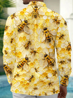 Oceanlyte Men's Hawaiian Bee And Honeycomb Pattern Long Sleeve Shirt with Chest Pocket