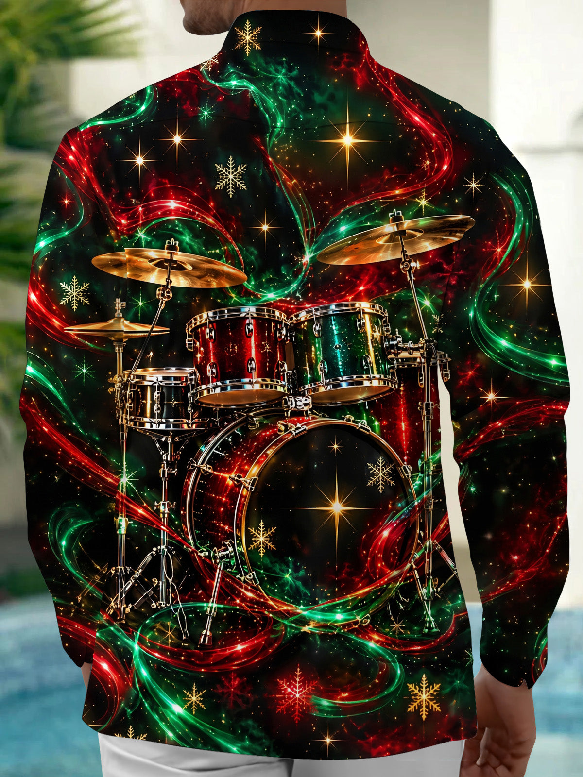 Oceanlyte Men's Christmas Drum Set And Snowflakes Print Long Sleeve Shirt with Chest Pocket