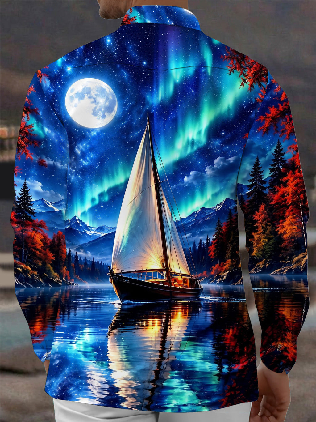 Oceanlyte Men's Long Sleeve Shirt - Sailing Boat On Lake With Aurora Borealis Print with Chest Pocket