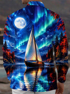 Oceanlyte Men's Long Sleeve Shirt - Sailing Boat On Lake With Aurora Borealis Print with Chest Pocket