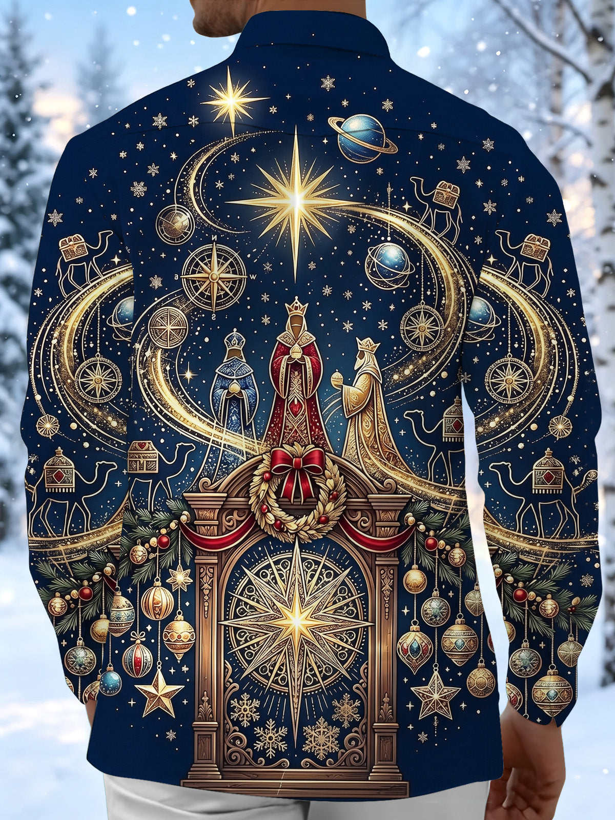 Oceanlyte Men's Three Wise Men And Christmas Ornaments Print Long Sleeve Shirt with Chest Pocket