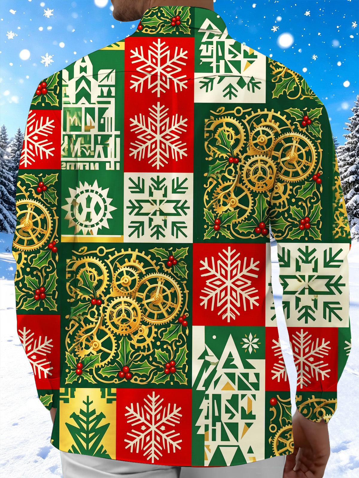 Oceanlyte Men's Christmas Steampunk Gears And Snowflakes Print Long Sleeve Shirt with Chest Pocket