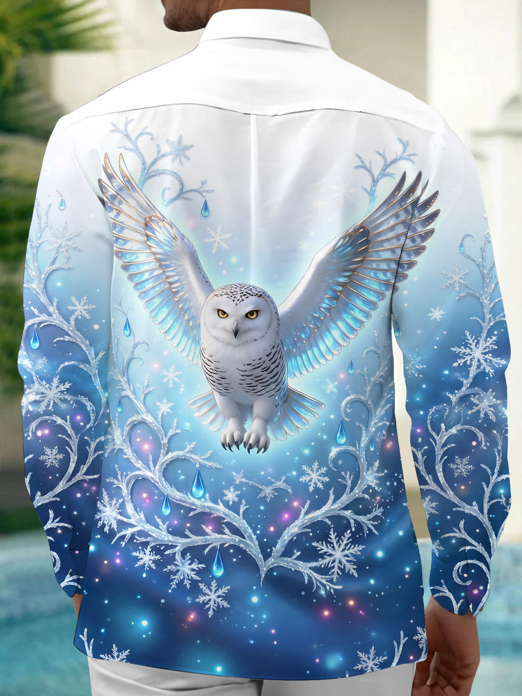 Oceanlyte Men's Printed Snowy Owl And Snowflakes Print Long Sleeve Shirt with Chest Pocket